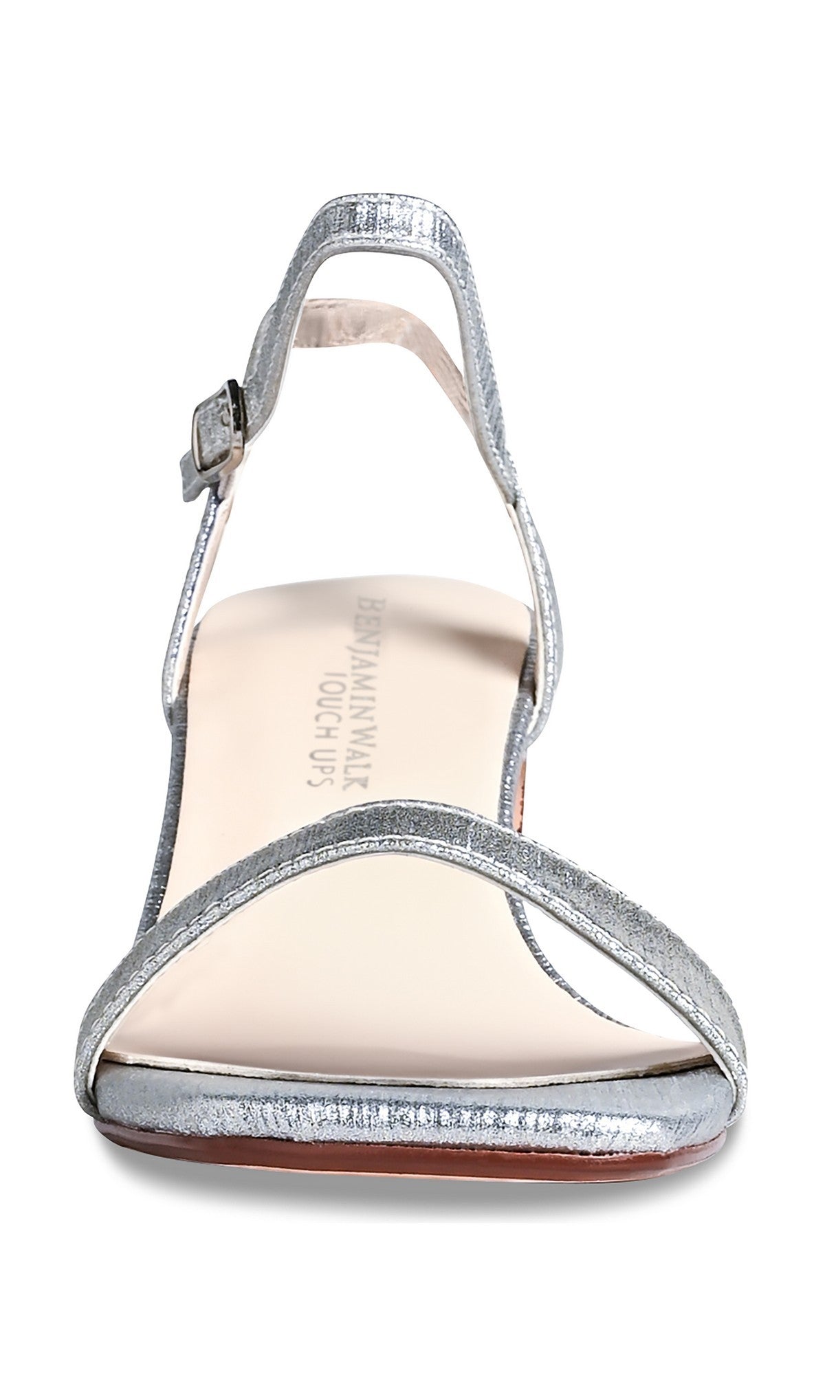 Front view of True Silver Prom Shoes: Touch Ups 4768—silver glitter prom shoes with an open toe, thin ankle strap and buckle closure, and flat sole—displayed against a white background.